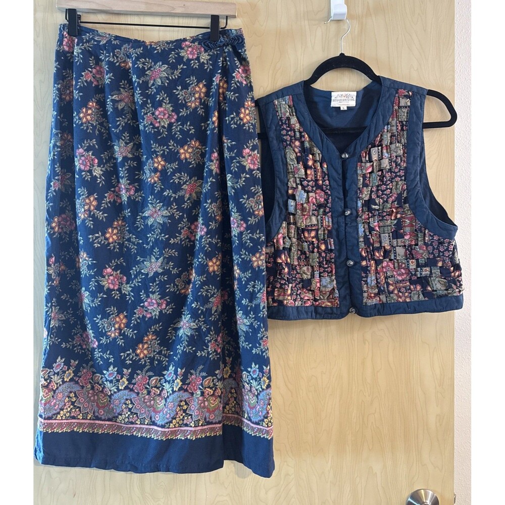 Susan Bristol 90s Blue Floral Quilted Vest And Maxi Wrap Skirt Size Medium